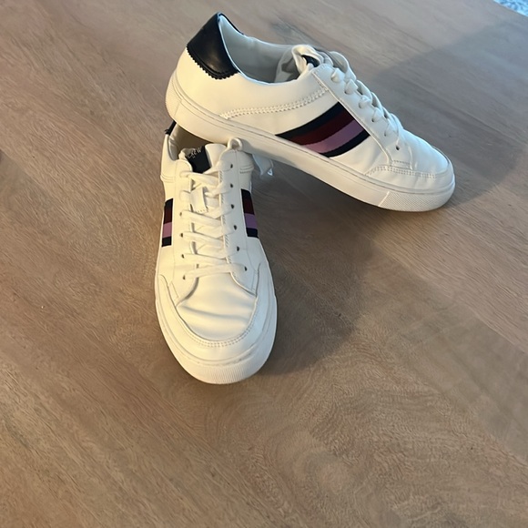 J. Crew women’s White Sneakers with Purple and navy stripes.

Worn several times - Picture 12 of 12